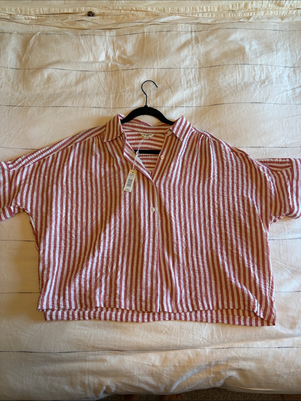 Relaxed Red & White Striped Linen-Blend Button Front Top, Max Studio London